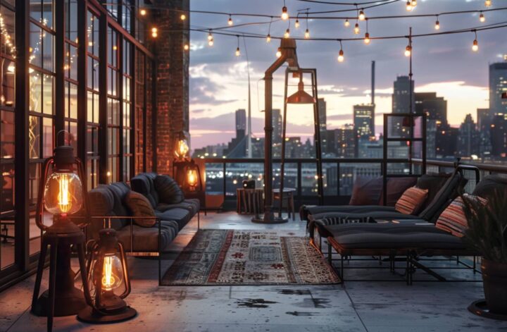 Jak urządzić taras w stylu industrialnym z dodatkowymi lampami stojącymi