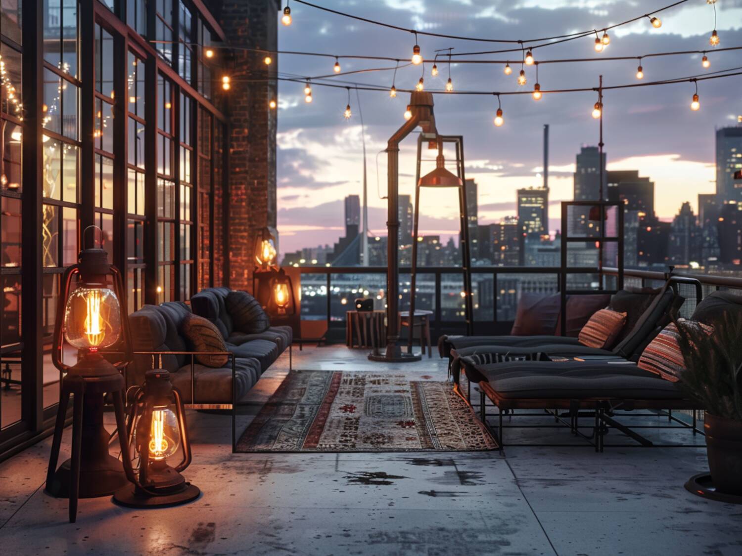 Jak urządzić taras w stylu industrialnym z dodatkowymi lampami stojącymi