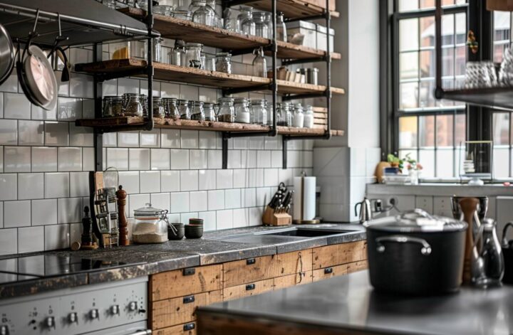 10 przykładów kuchni w stylu industrialnym z otwartymi półkami