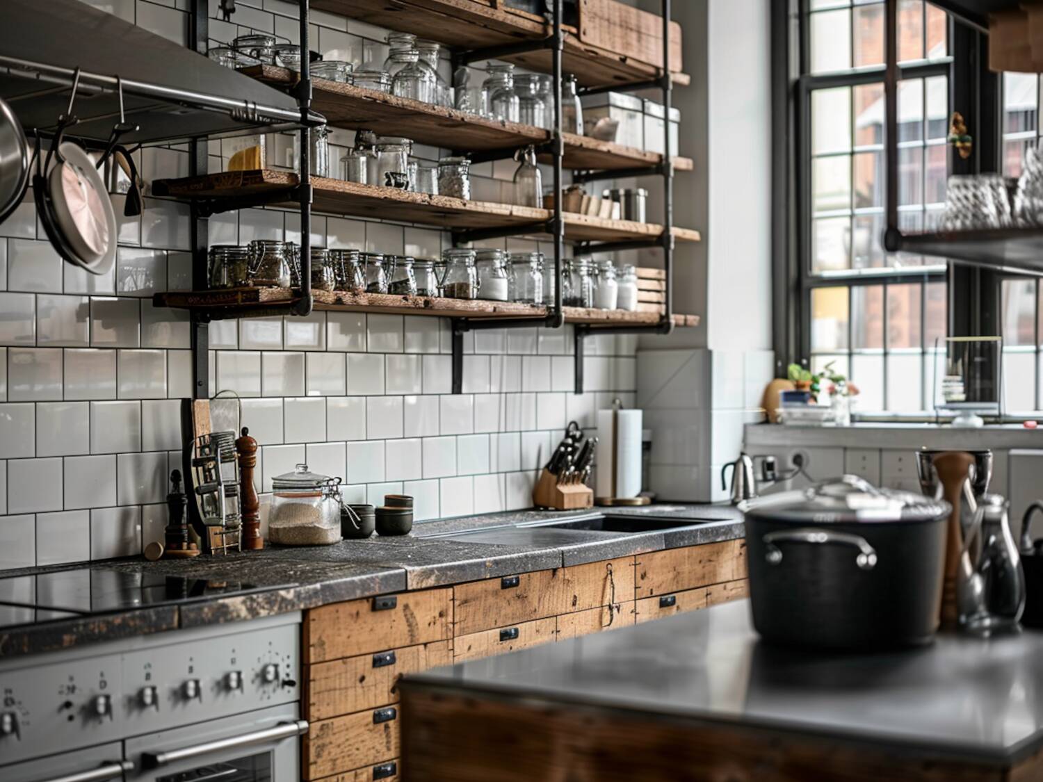 10 przykładów kuchni w stylu industrialnym z otwartymi półkami
