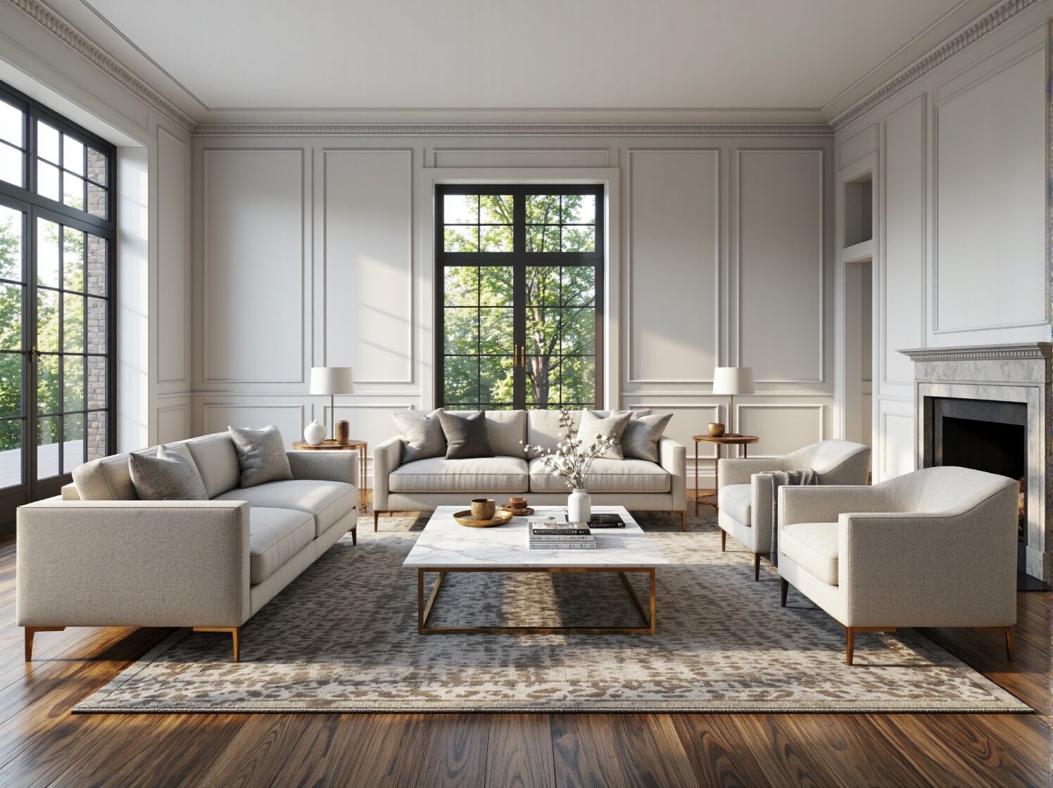 Elegancki zestaw wypoczynkowy kremowy z sofą i fotelami