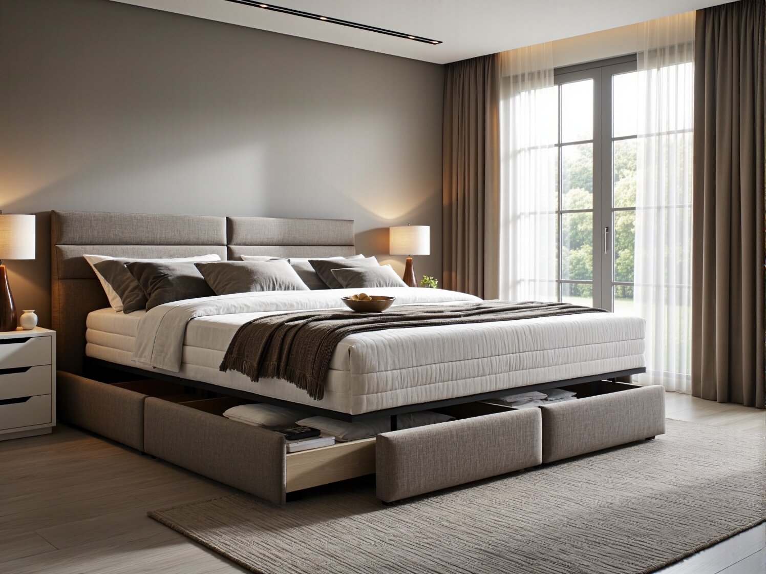 Tapicerowane łóżko kontynentalne beżowe z szufladami do przechowywania