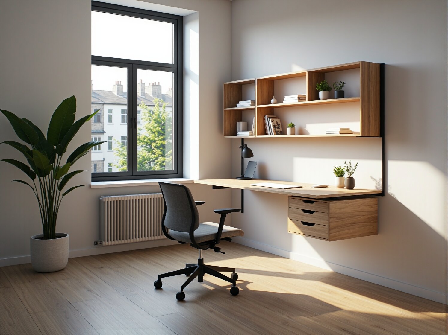 Wiszące biurko dębowe z szufladami i nadstawką z półkami