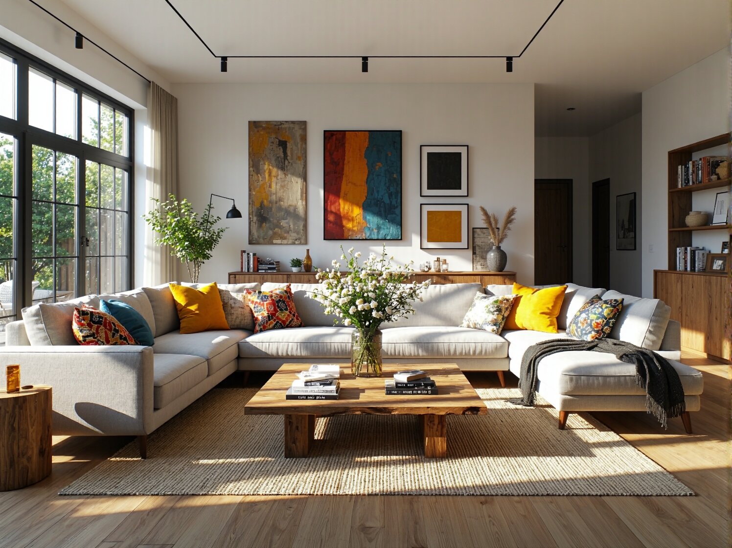 Narożna sofa kremowa z kolorowymi poduszkami i drewnianym stolikiem