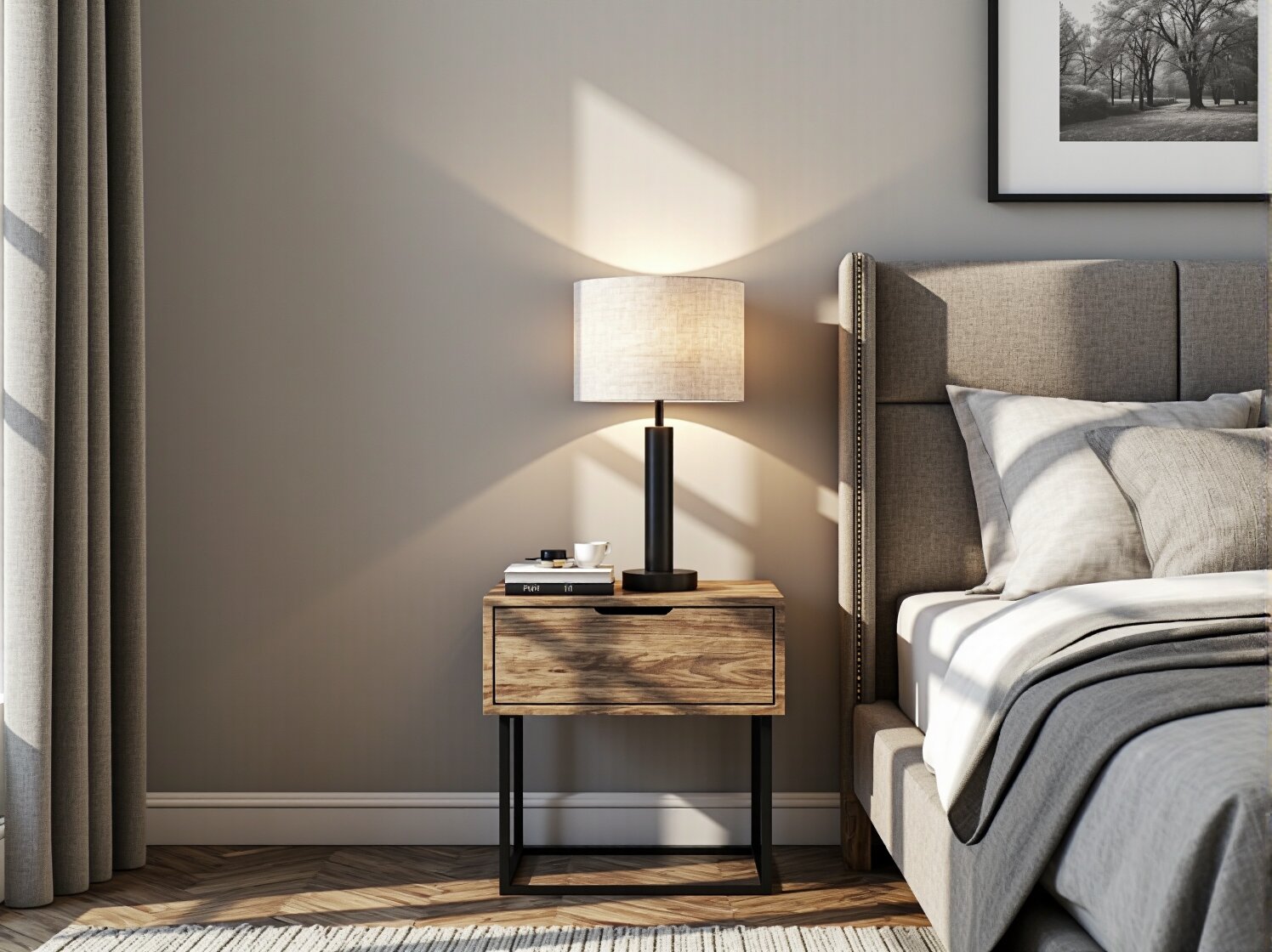 Stylowa sypialnia z dużym łóżkiem tapicerowanym w centrum. Inspiracja do aranżacji w stylu modern classic.