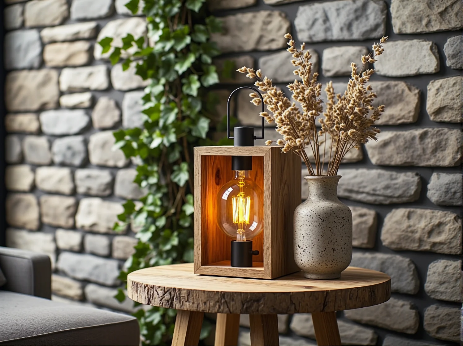 Rustykalna lampa stołowa drewniana z żarówką LED Edison