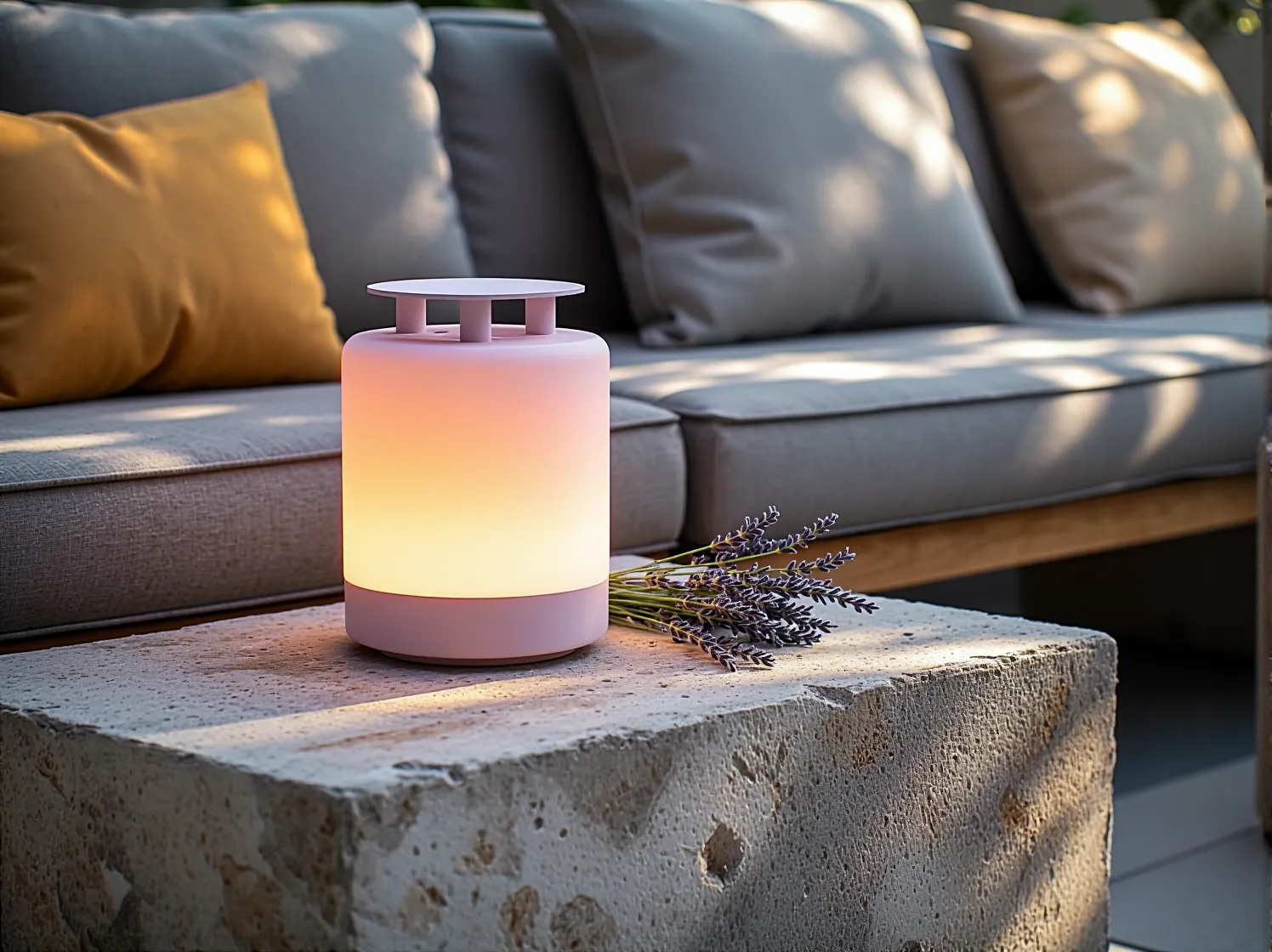 Zbliżenie na pastelowe lampy LED oświetlające drewniany stół i rośliny na śródziemnomorskim tarasie.