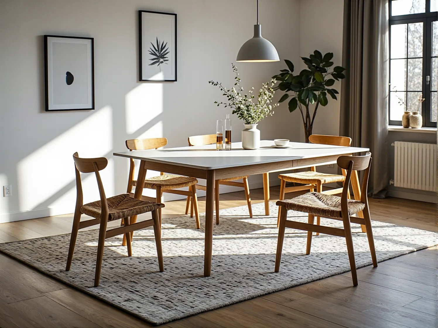 Nowoczesny stół do jadalni z bambusa jako przykład ekologicznego materiału w aranżacji w stylu skandynawskim.