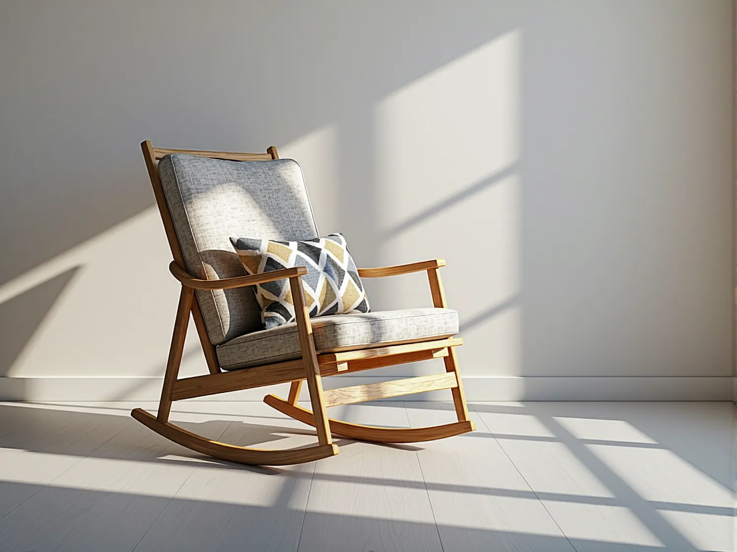 Biały fotel bujany z poduszką, idealny mebel do relaksu w duchu hygge.