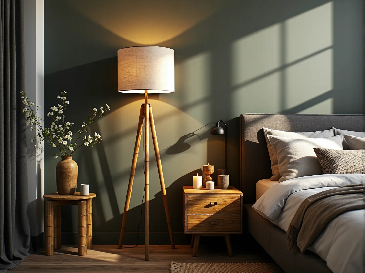 Drewniana lampa stojąca na trójnogu idealnie wpisująca się w przytulny, eklektyczny kącik do czytania.