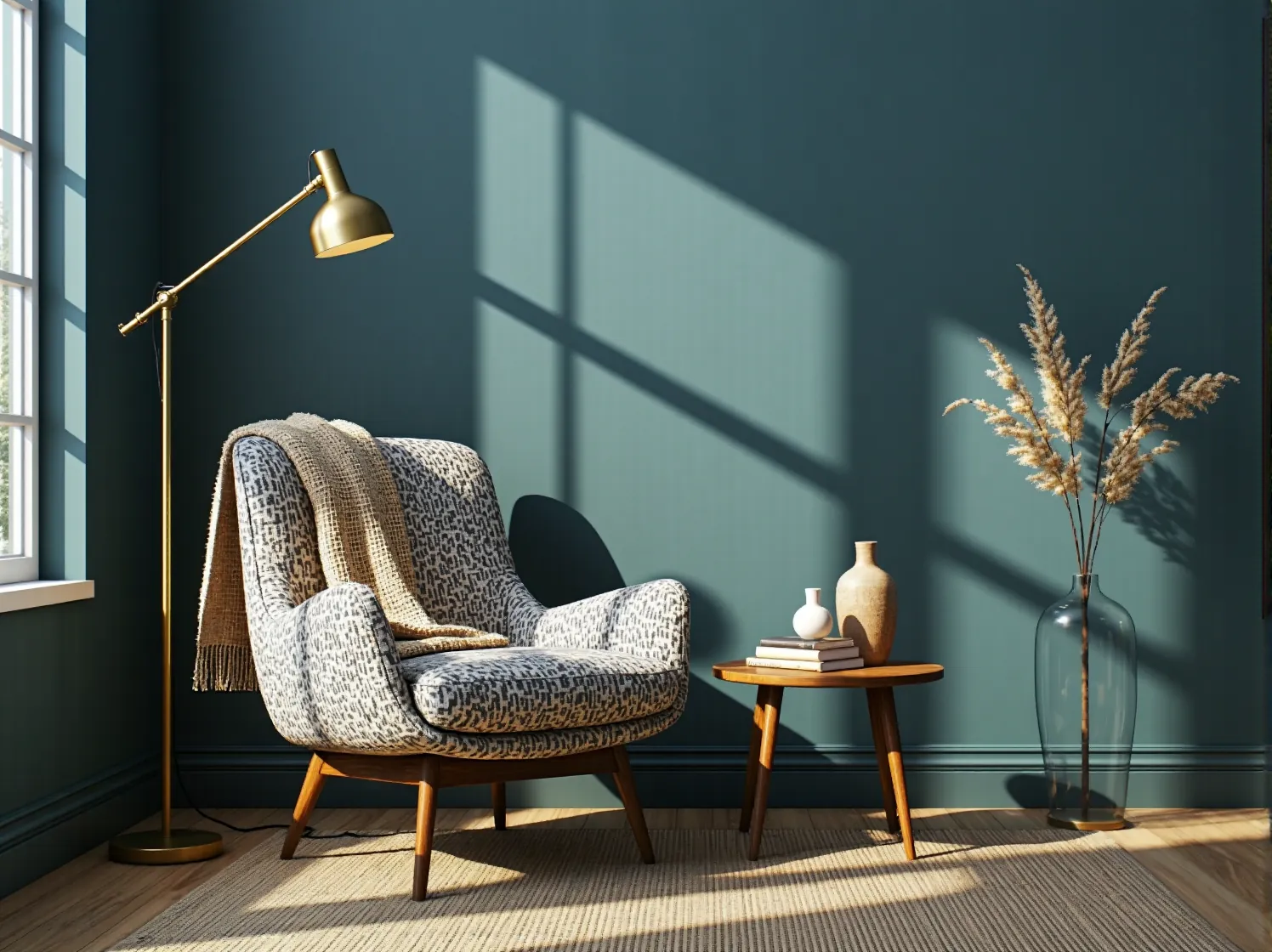 Lampa podłogowa w stylu industrialnym jako odważny akcent w kolorowym, eklektycznym wnętrzu z meblami w stylu vintage.