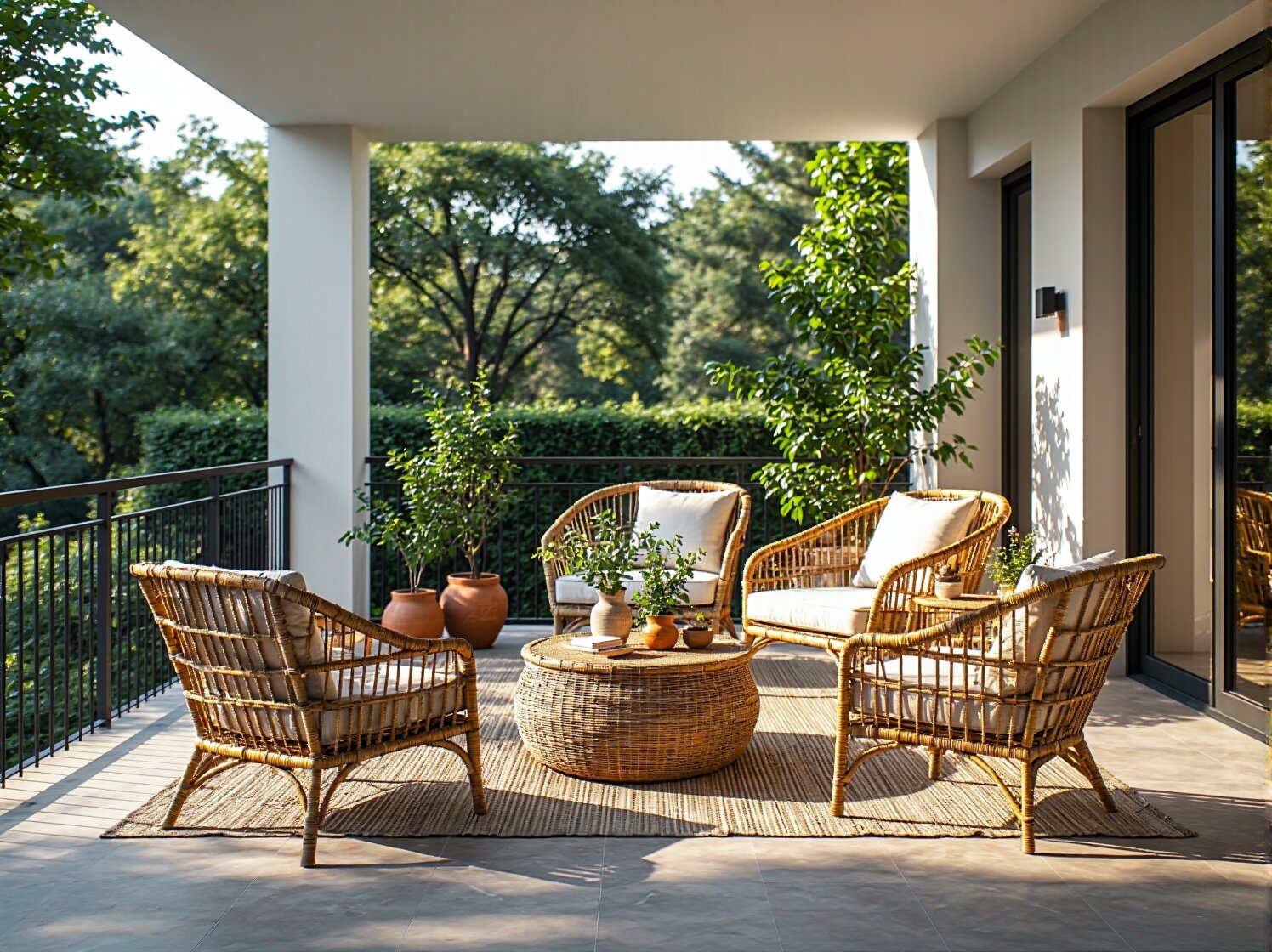 Piękny, odnowiony zestaw mebli rattanowych w ogrodzie – dowód na ekologiczne zalety renowacji.