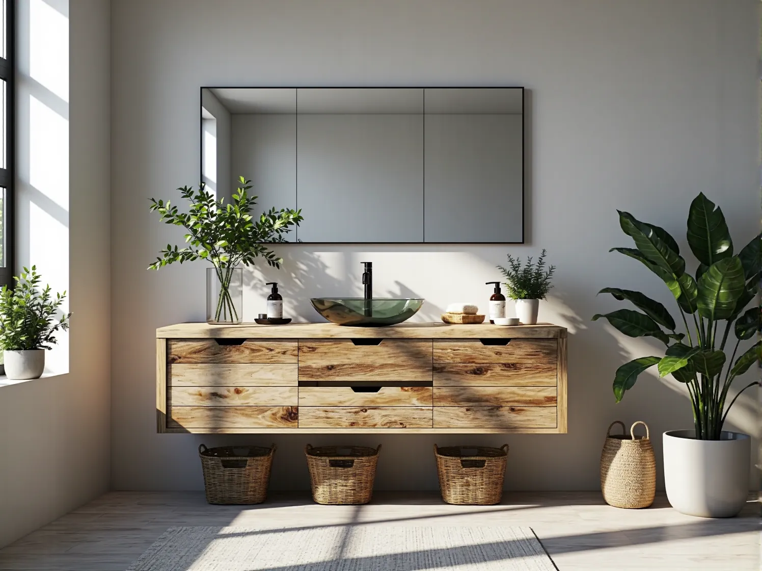 Wisząca szafka łazienkowa z naturalnego drewna z szufladami