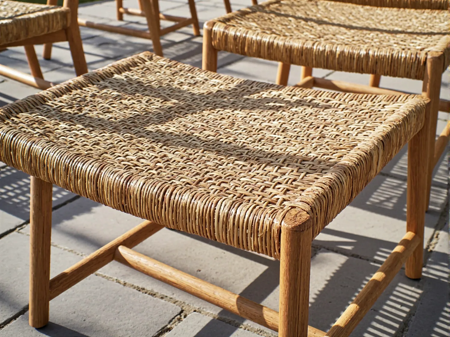 Zbliżenie na splot naturalnego rattanu w ekologicznym fotelu ogrodowym, podkreślające jego trwałość i fakturę.