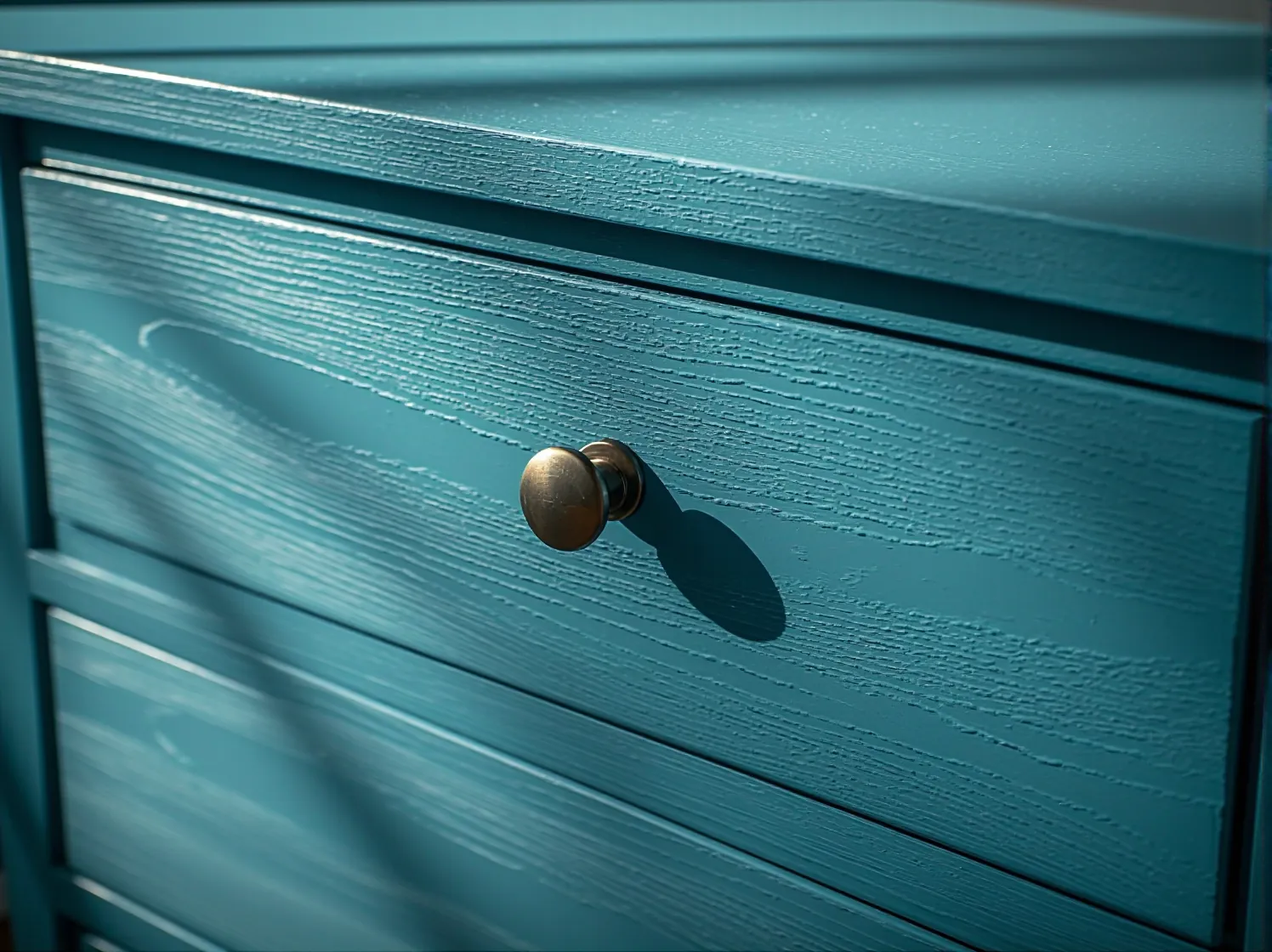 Zbliżenie na matową teksturę niebieskiej farby kredowej na odnowionej szafce. W tle pędzel i próbki kolorów.