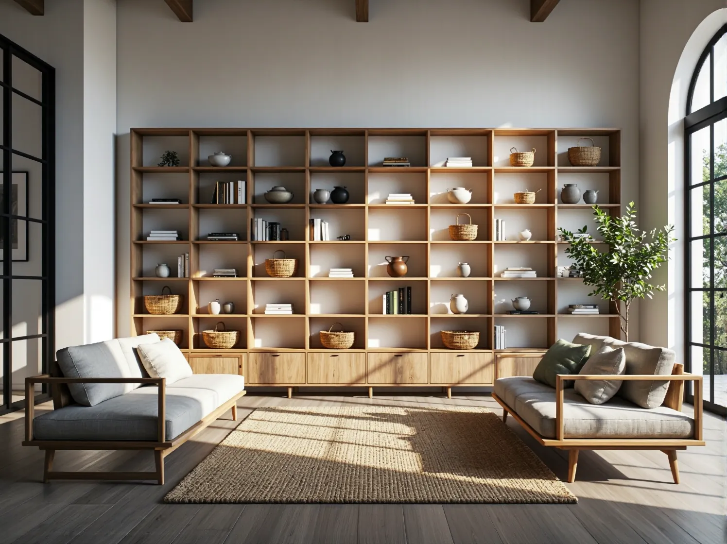 Duży regał modułowy dąb naturalny z otwartymi półkami i szufladami