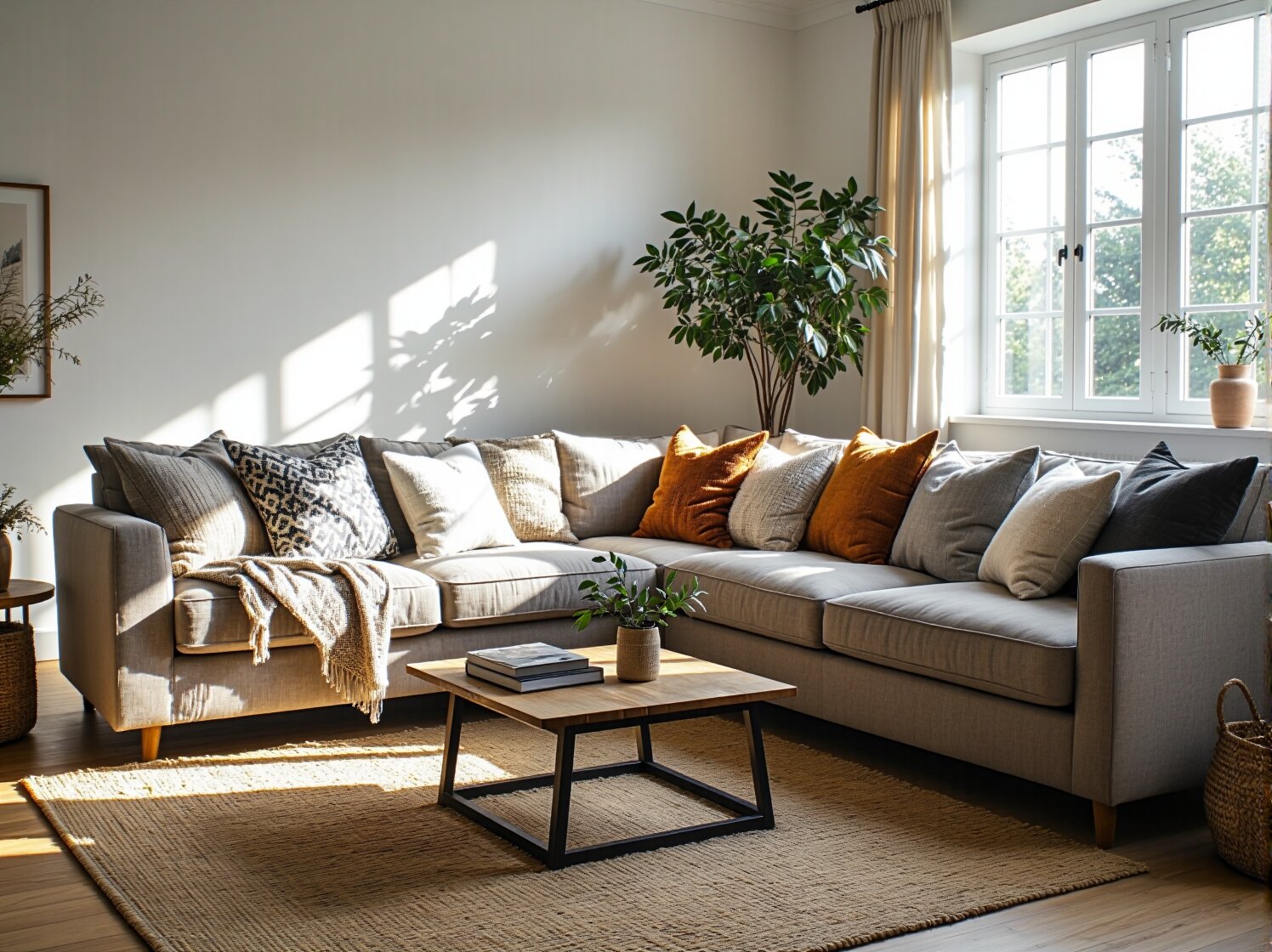 Narożnik tapicerowany szary z kolorowymi poduszkami dekoracyjnymi