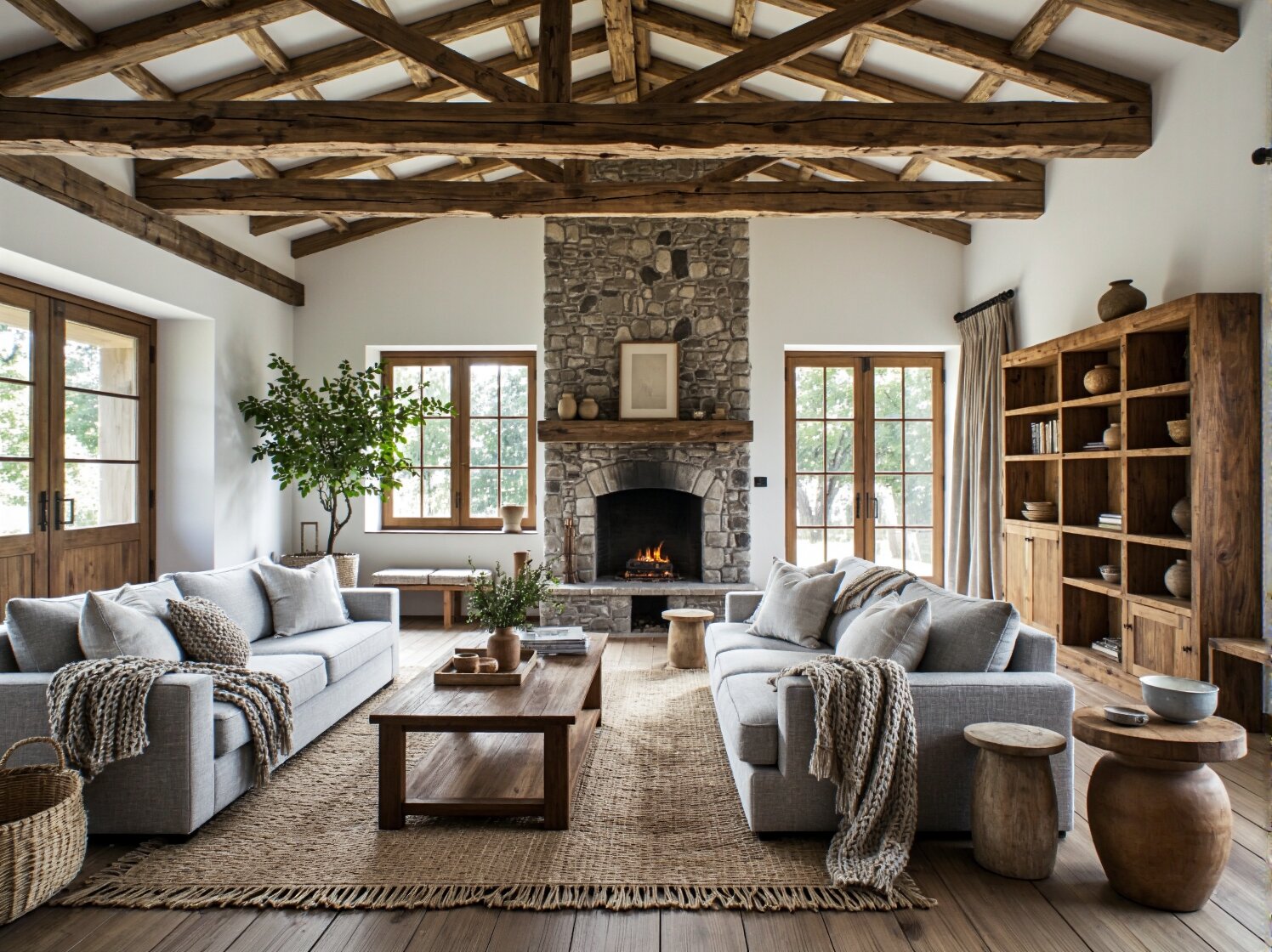 Wysoki regał drewniany z otwartymi półkami w kolorze orzecha