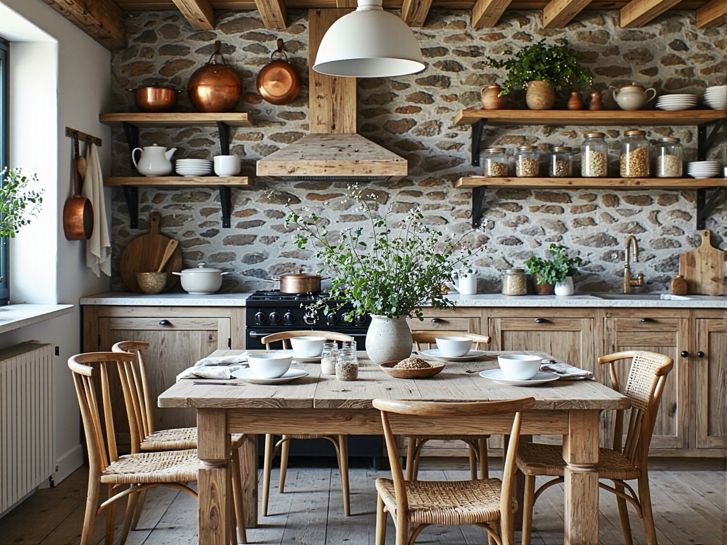 Minimalistyczne białe krzesło w stylu skandynawskim stojące przy surowym, drewnianym stole w rustykalnej jadalni.