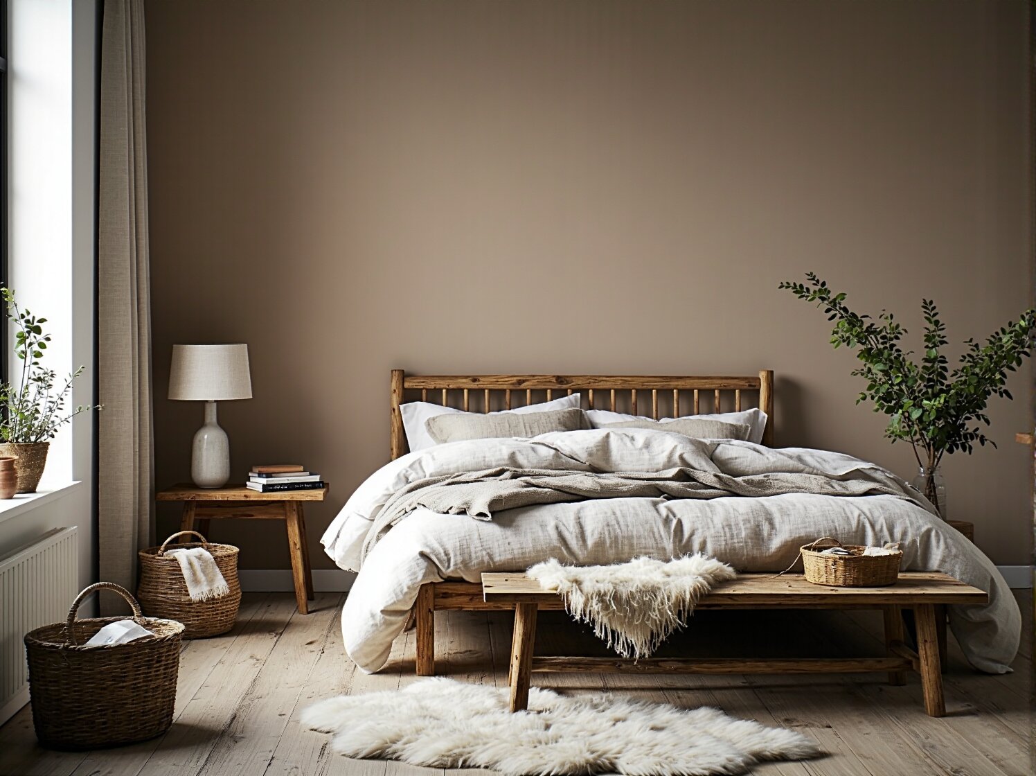 Harmonijne połączenie stylów: prosta, szara kanapa skandynawska i dodatki z naturalnych materiałów we wnętrzu rustykalnym.