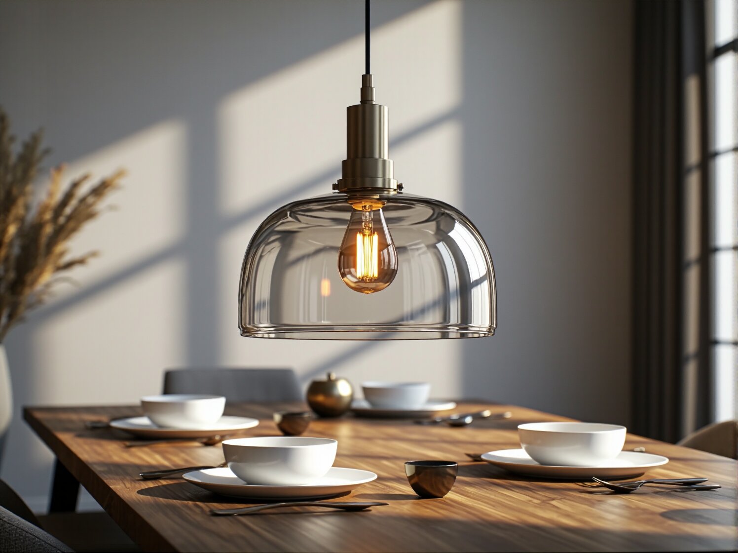 Industrialne lampy wiszące z czarnego metalu i szklanymi kloszami nad drewnianym stołem w jadalni.
