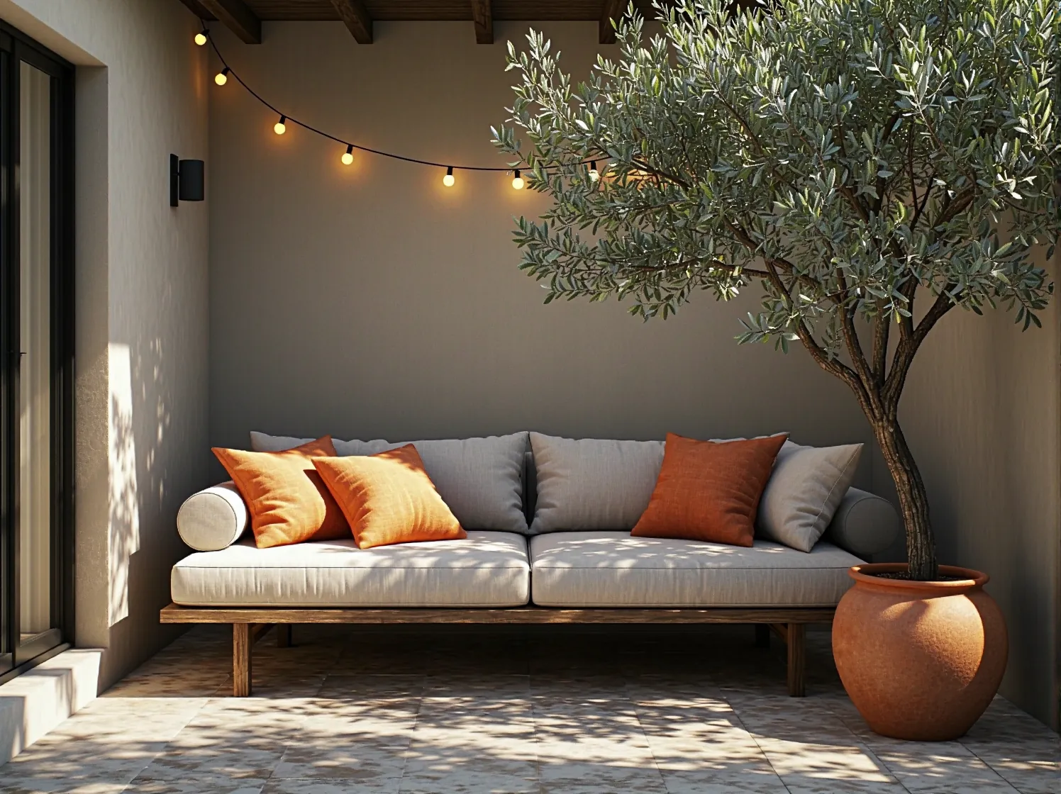 Inspiracja na wystrój tarasu: białe meble, poduszki i nastrojowe oświetlenie LED w pastelowych barwach.