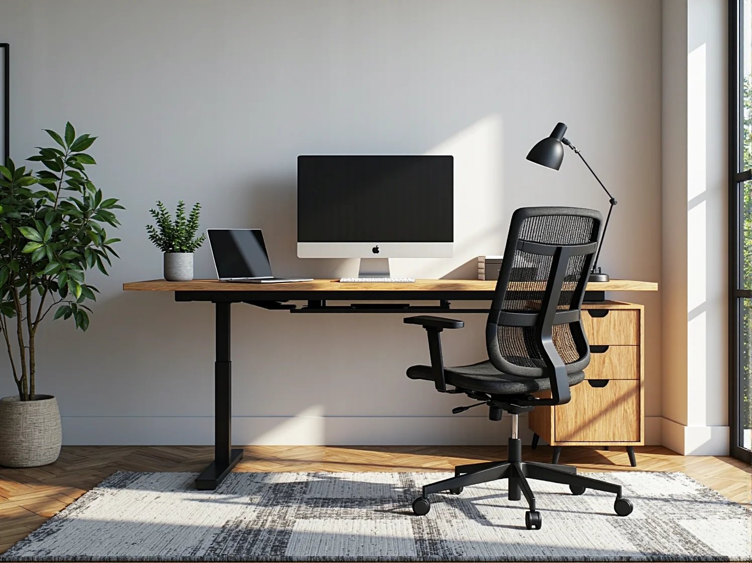 Nowoczesne biurko dąb z czarnym stelażem i szufladami