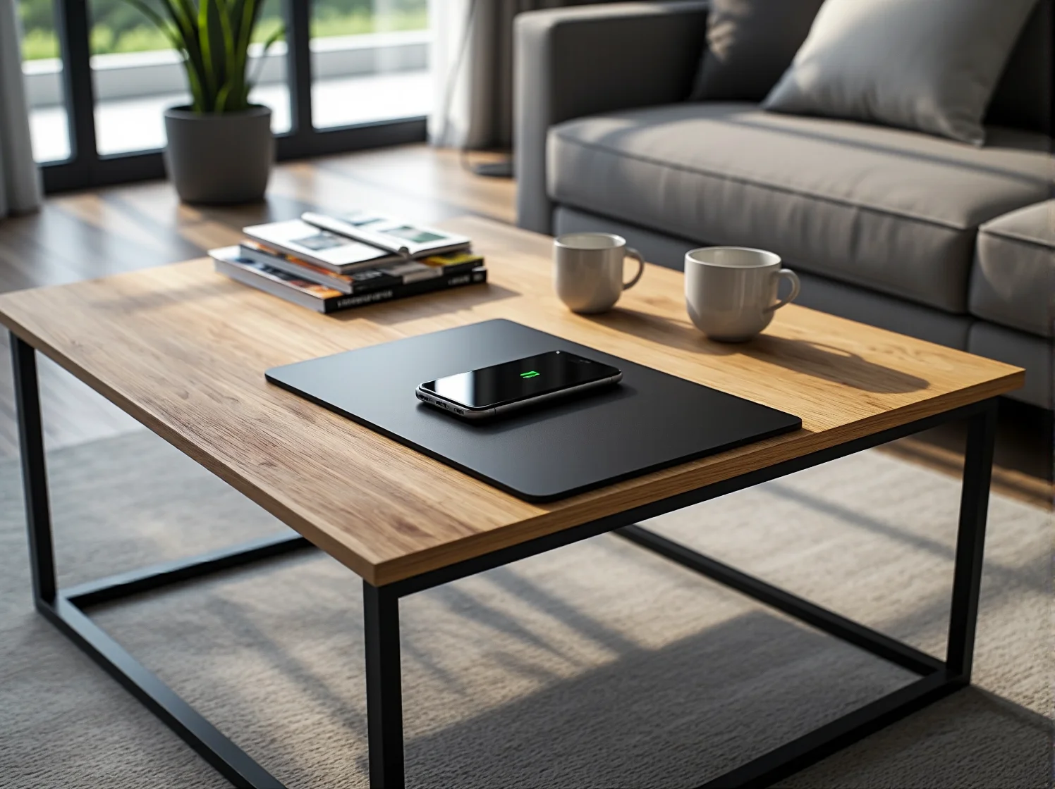 Nowoczesny stolik kawowy dąb z ładowarką indukcyjną i czarną ramą