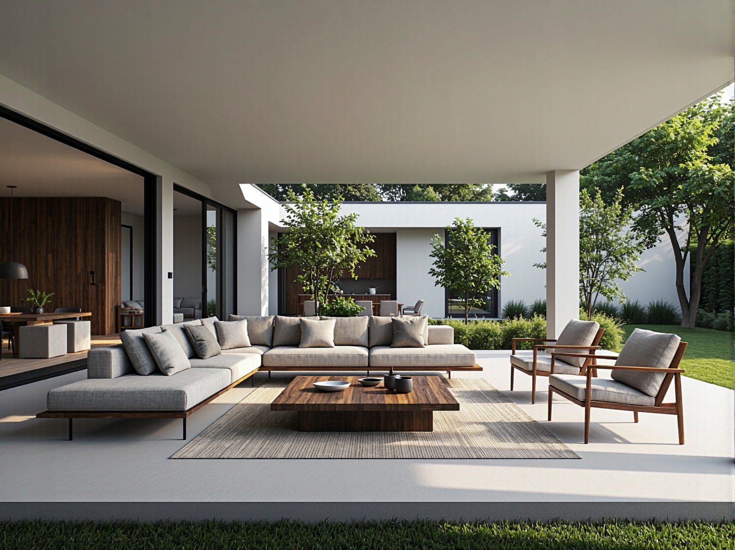 Nowoczesny zestaw mebli ogrodowych szary z drewnianym stolikiem