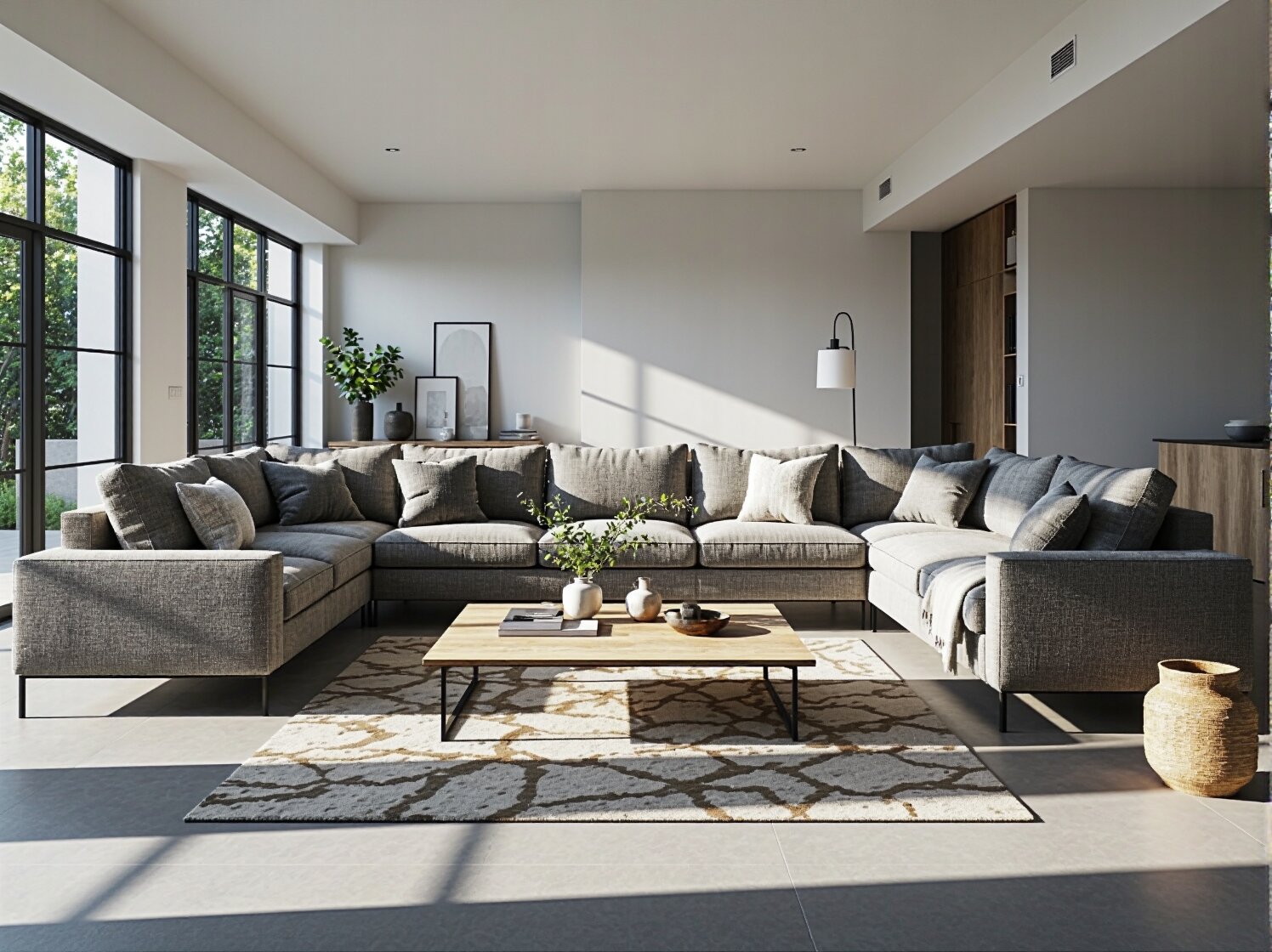 Nowoczesny narożnik modułowy szary z poduszkami dekoracyjnymi