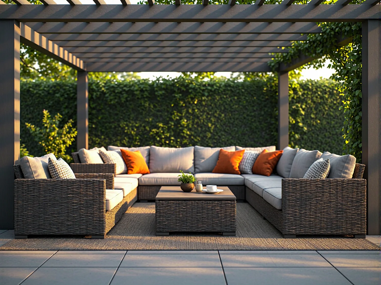 Narożny zestaw wypoczynkowy rattanowy brązowy z szarymi poduszkami