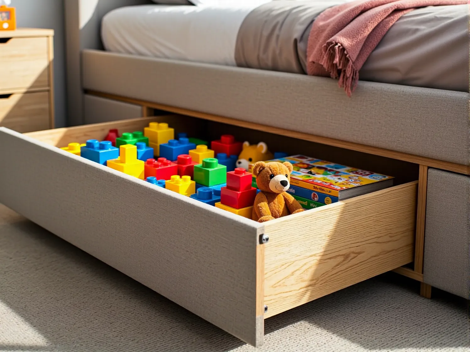 Pojemne schowki i szuflady w łóżku dziecięcym, które pomagają w organizacji zabawek i akcesoriów.