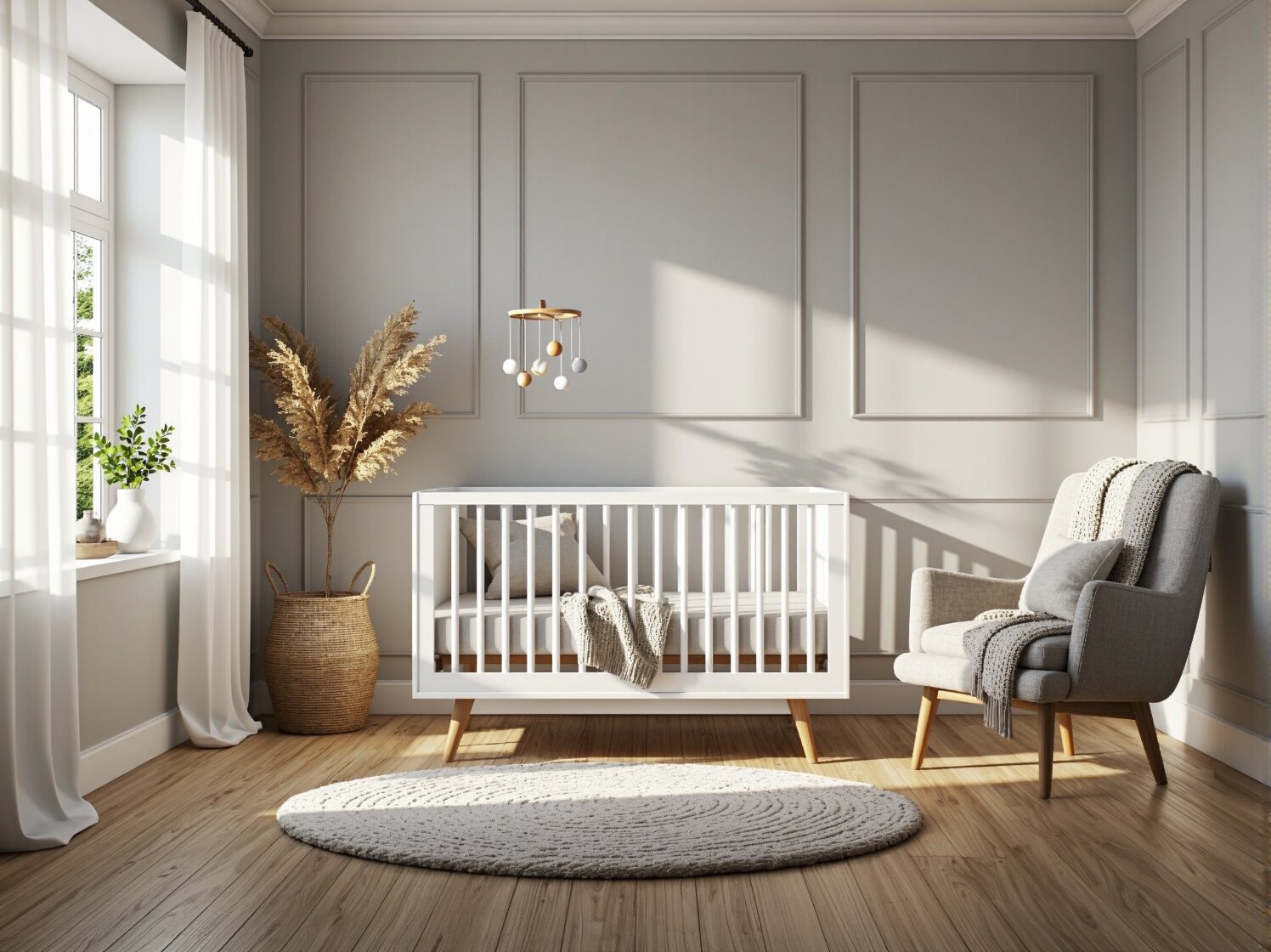 Białe łóżeczko niemowlęce na drewnianych nóżkach w stylu skandynawskim