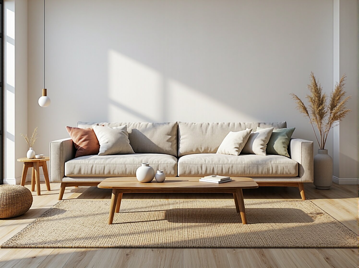 Tapicerowana sofa trzyosobowa beżowa na drewnianych nóżkach