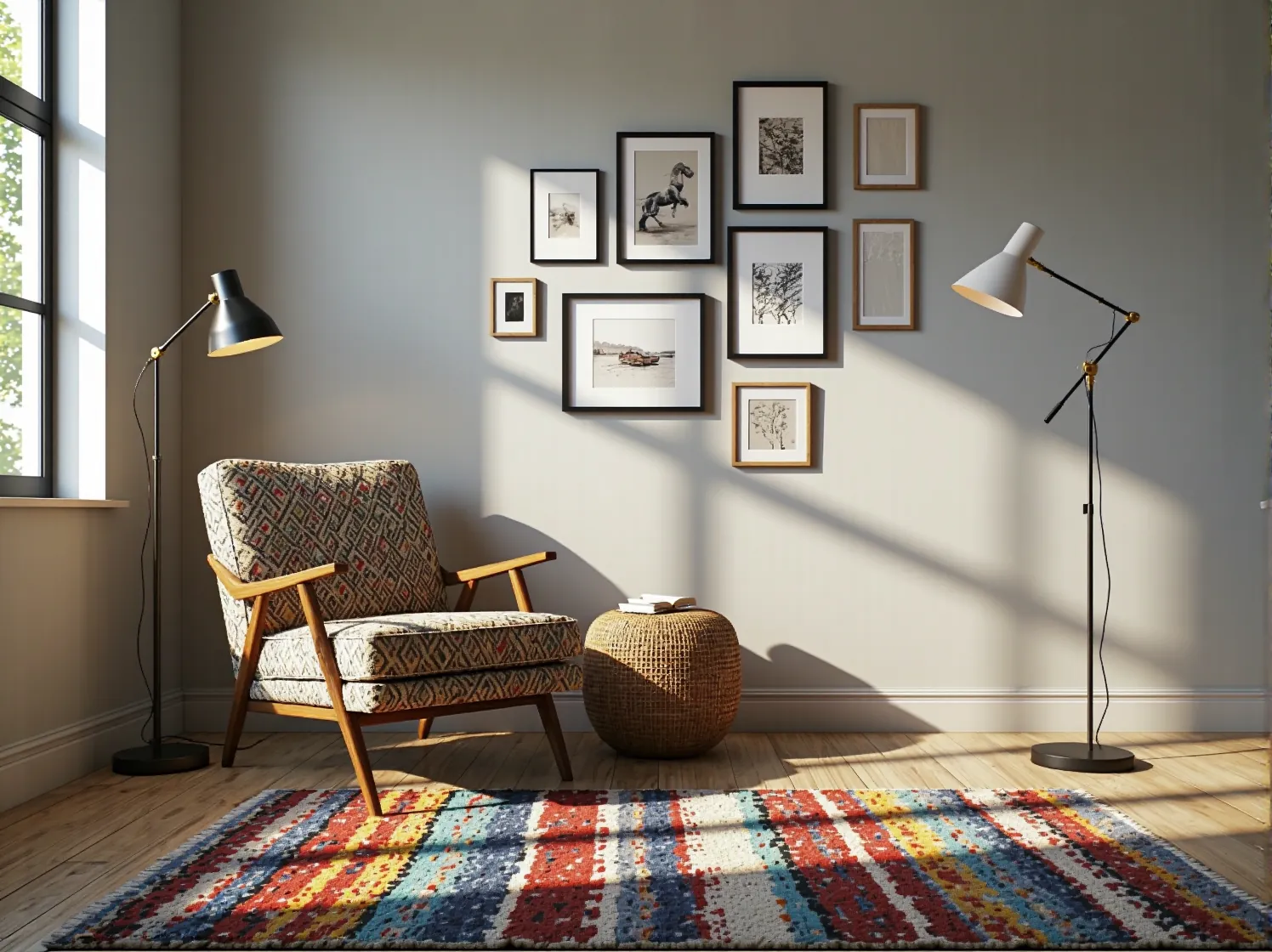 Ozdobna lampa podłogowa w stylu vintage jako odważny kontrapunkt w eklektycznej aranżacji.