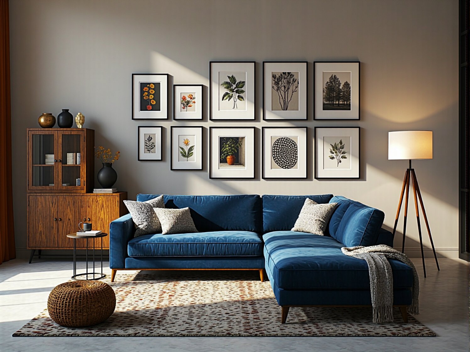 Elegancka lampa stojąca z drewnianym trójnogiem i białym abażurem