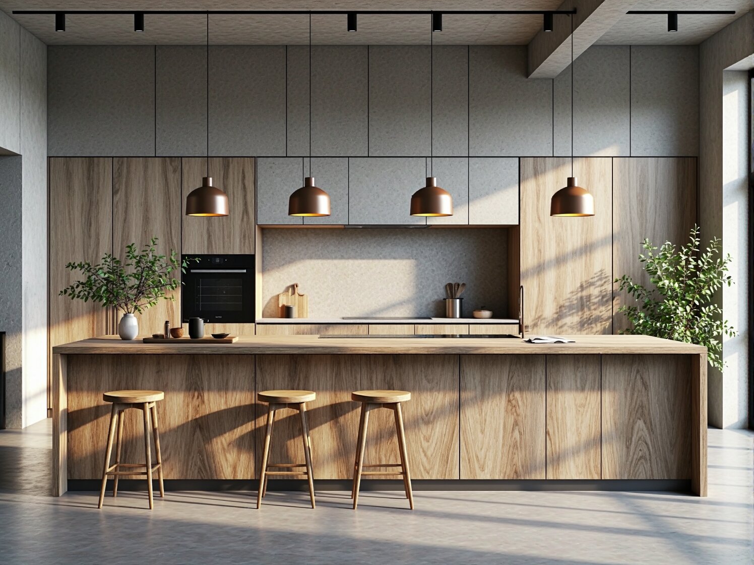 Miedziana lampa wisząca industrialna z drewna i betonu