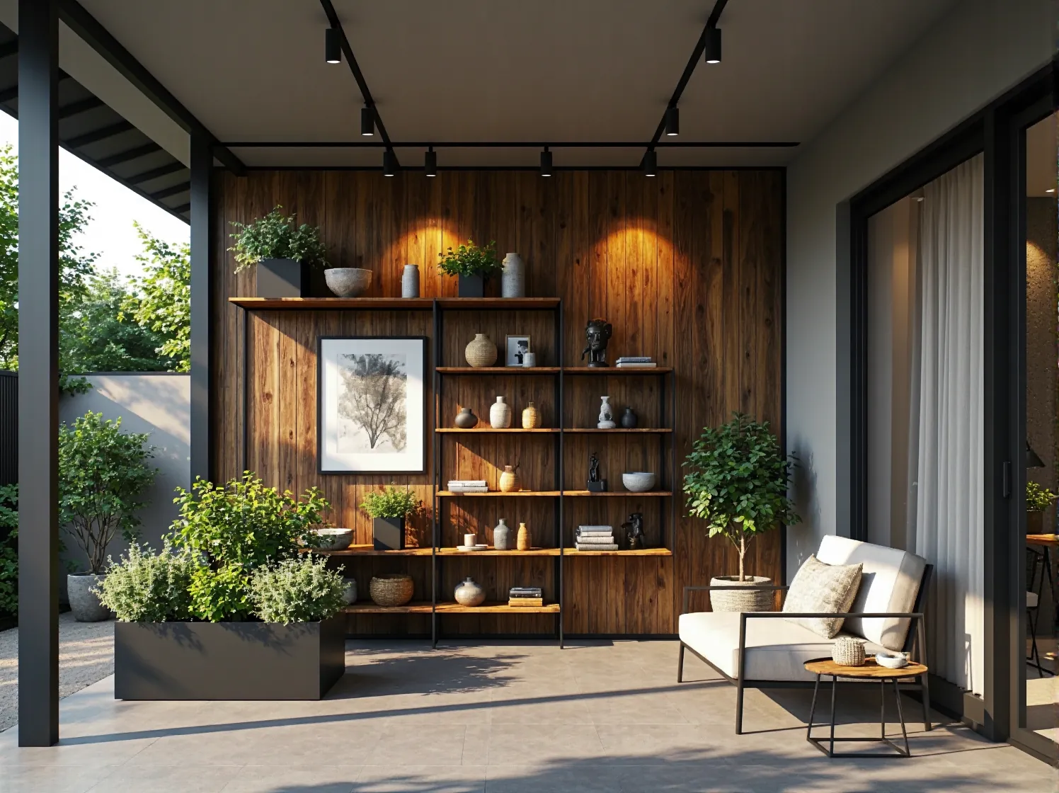 Nowoczesny taras industrialny z zielenią w metalowych donicach, oświetlony ciepłym światłem lamp punktowych.