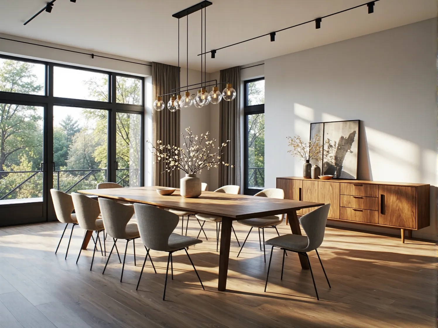 Nowoczesna lampa wisząca ze szklanymi kloszami i czarną metalową ramą