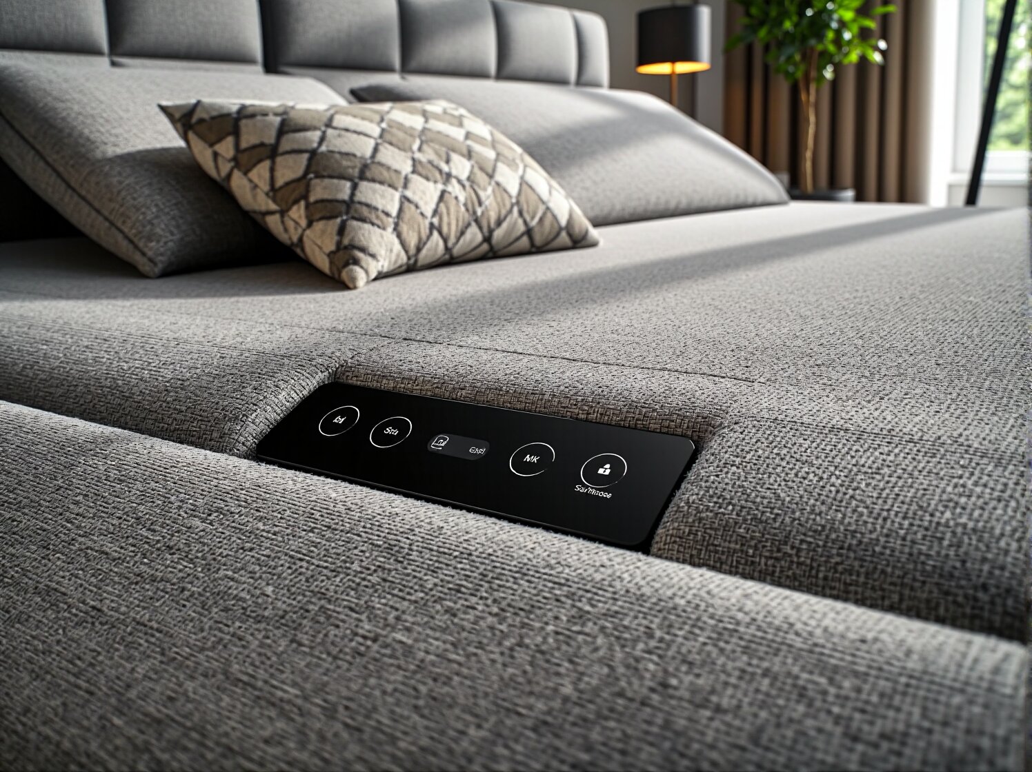 Zbliżenie na pilota do sterowania funkcjami łóżka regulowanego, pokazującego różne pozycje.