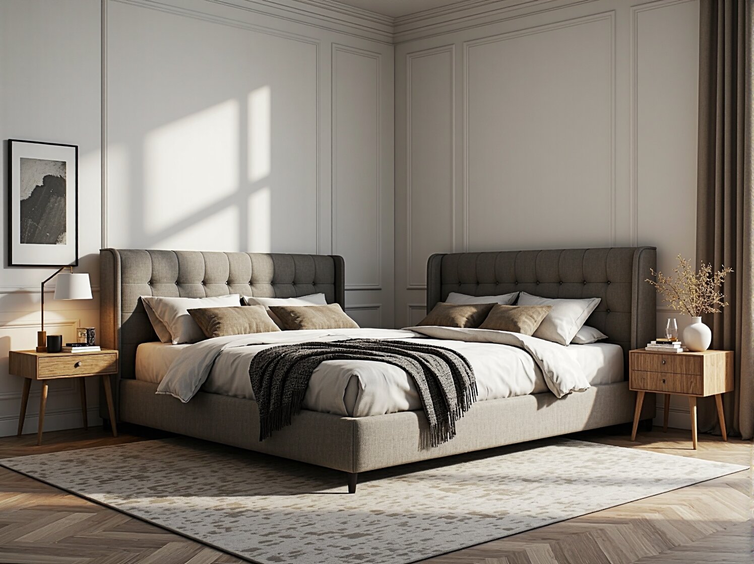 Tapicerowane łóżko szare z pikowanym zagłówkiem w stylu modern classic