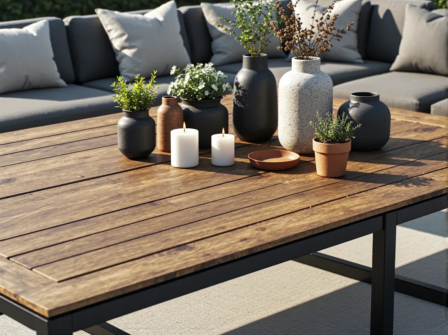 Kreatywna aranżacja małego tarasu z użyciem kompaktowych stołów modułowych. Pomysł na oszczędność miejsca.