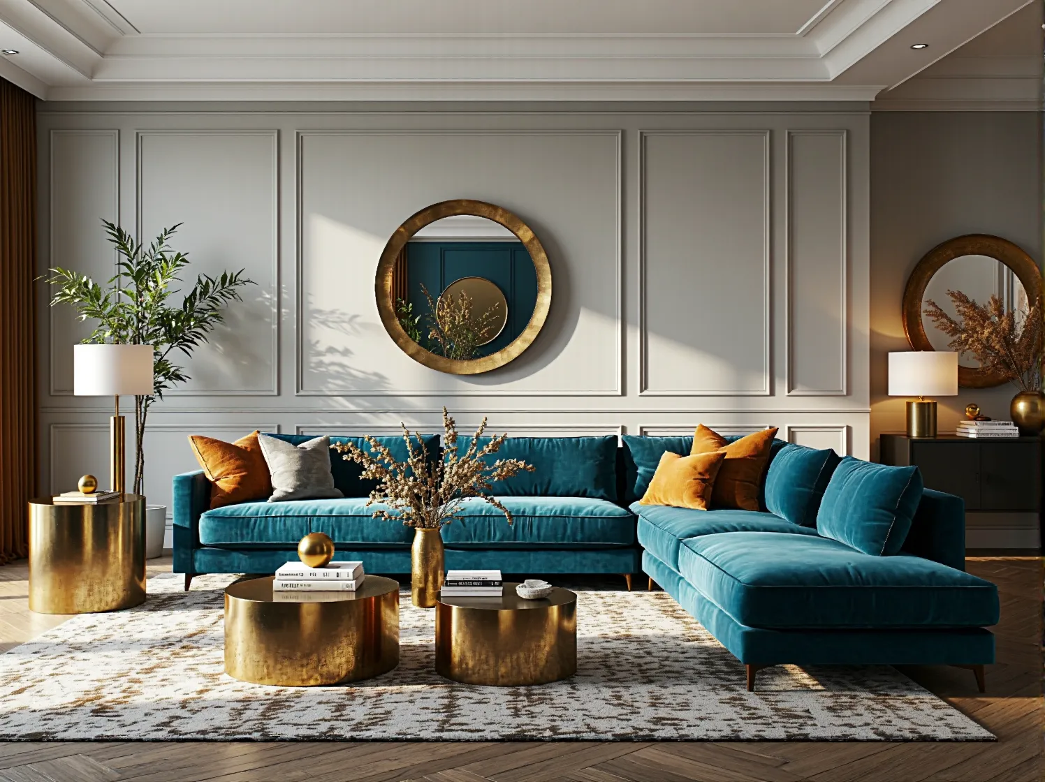 Narożna sofa welurowa turkusowa z poduszkami i złotymi stolikami