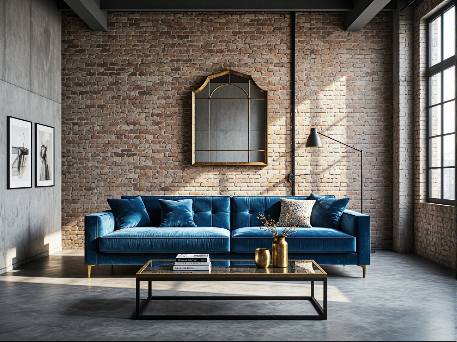 Elegancka sofa welurowa granatowa na złotych nóżkach