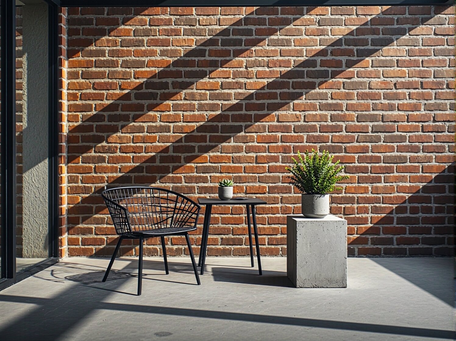Industrialne meble tarasowe z drewna i metalu na tle betonowej posadzki. Detal aranżacji w surowym stylu.