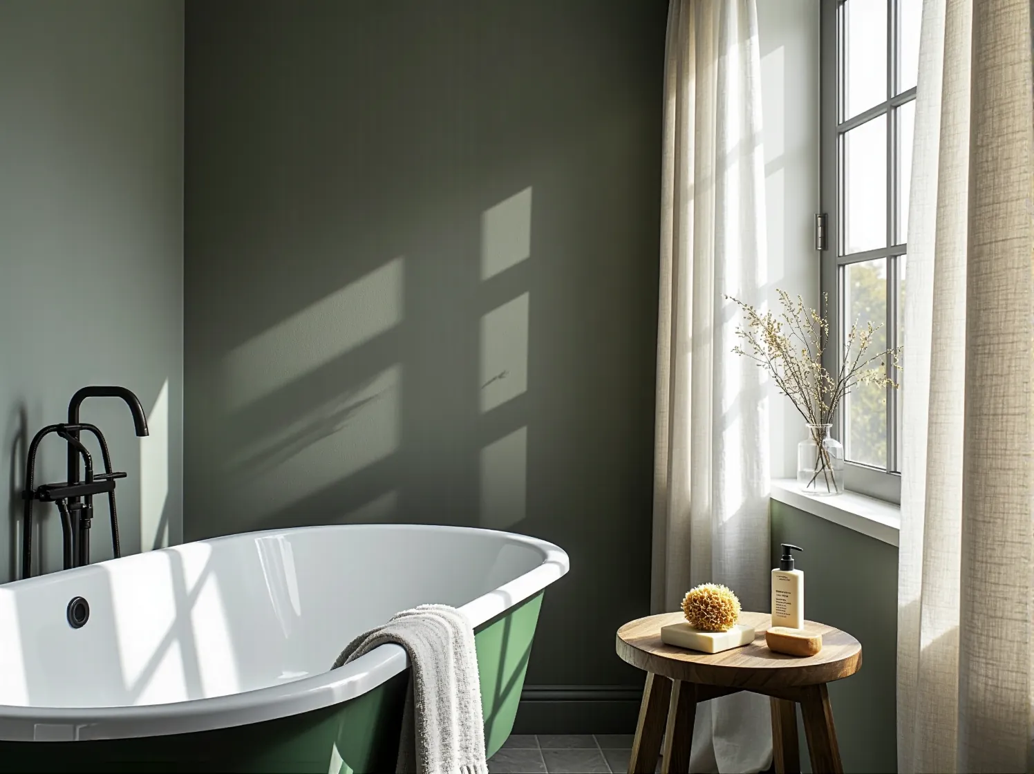 Jasna łazienka w stylu eko z meblami z bambusa i żywymi roślinami. Naturalne materiały w zrównoważonym designie.