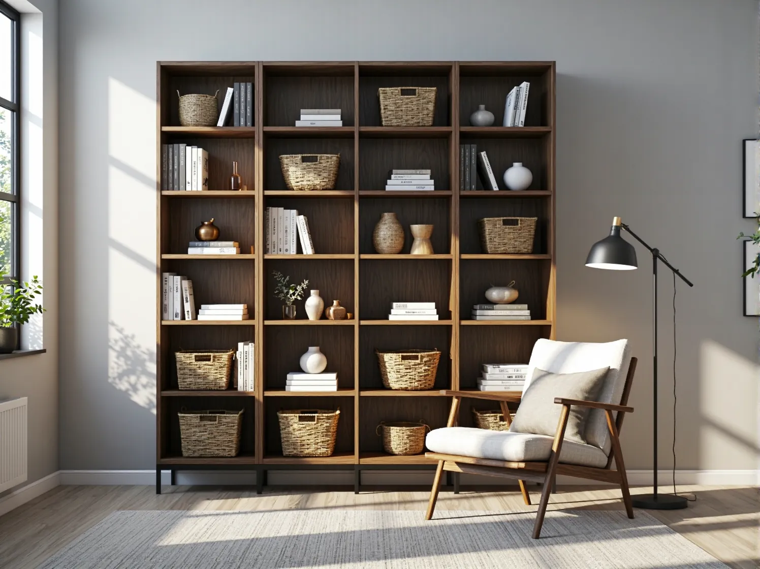 Asymetryczny regał japandi z ciemnego drewna, eksponujący książki i rośliny w minimalistycznym wnętrzu.