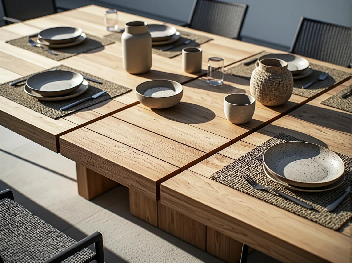 Nowoczesne stoły modułowe na tarasie, idealne do spotkań w większym gronie. Funkcjonalna przestrzeń do relaksu.