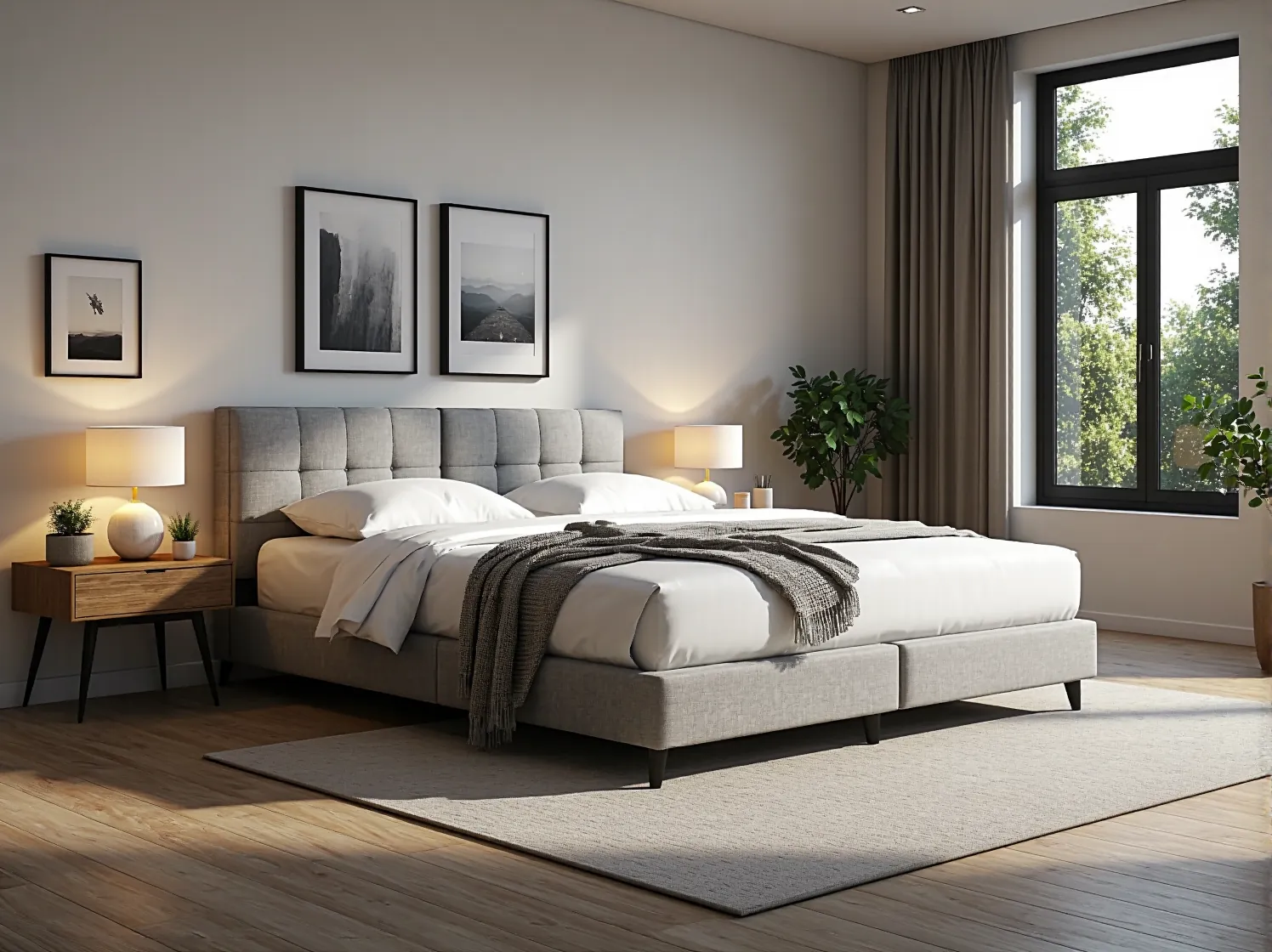 Tapicerowane łóżko kontynentalne szare z pikowanym zagłówkiem