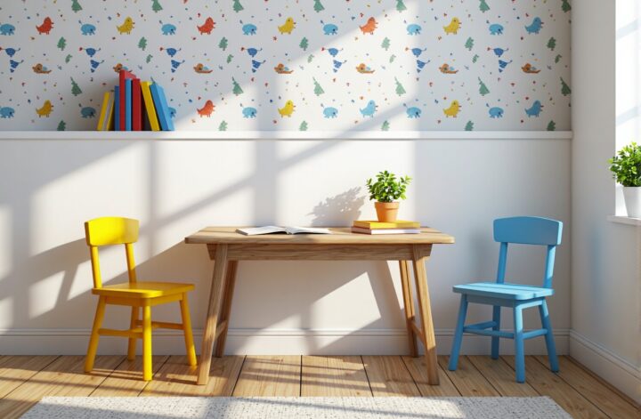 Dziecięcy stolik drewniany sosna z kolorowymi krzesełkami